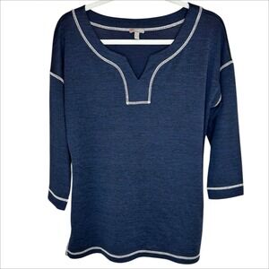T by Talbots Tunic Sweater Medium Navy Blue 3/4 Sleeve Knit Top Pullover Coastal